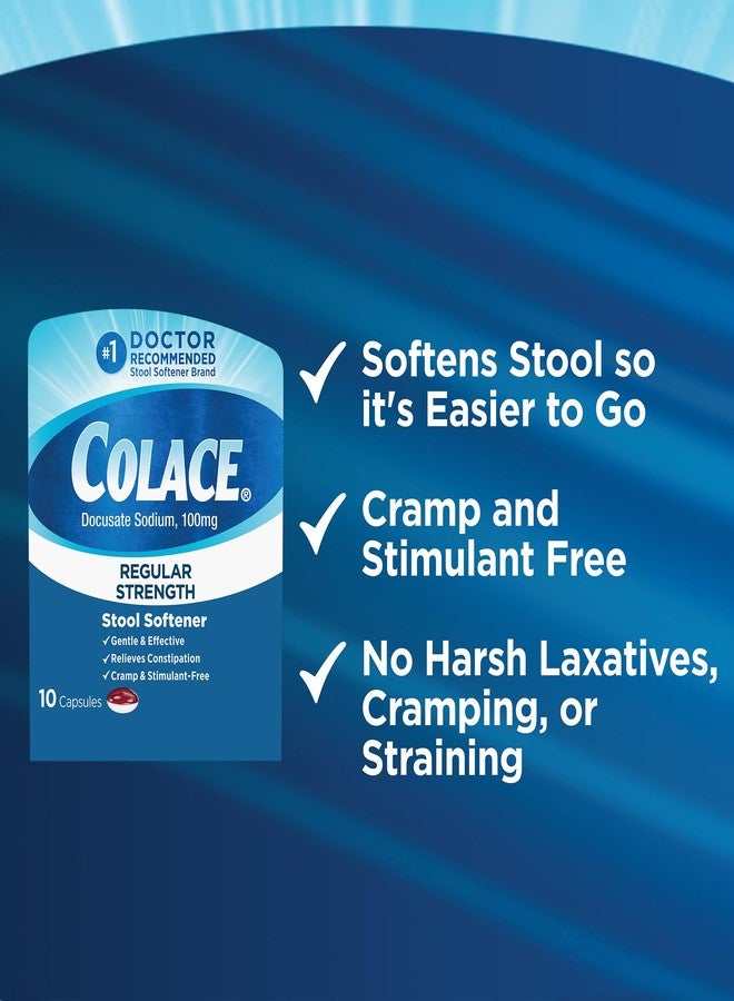 Colace Regular Strength Stool Softener for Gentle Effective Constipation Relief, #1 Doctor Recommended Stool Softener Brand, 100 mg Docusate Capsules, 10 Count - Image 4